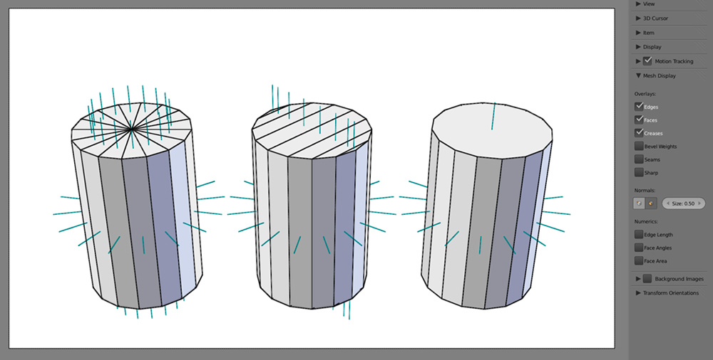 Surface normals are displayed as cyan lines protruding from the faces.