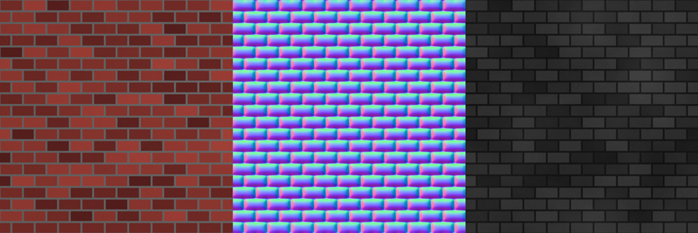 From left to right: diffuse map, normal map, and specular map.