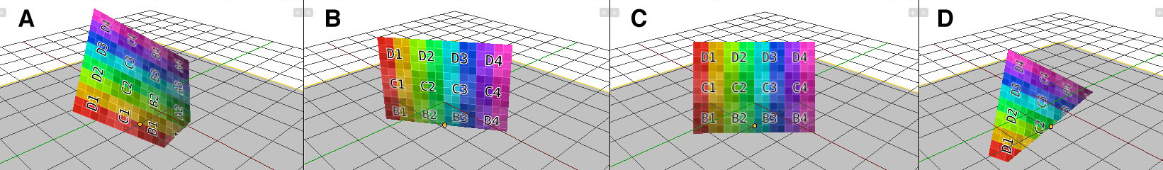 Face orientation illustrated. The top-row images show the actual geometry. The bottom row shows the face set to normal(A), billboard(B), halo(C), and shadow(D).