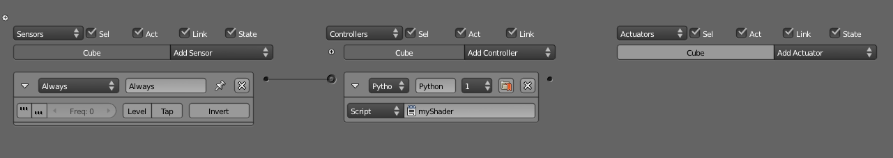 Logic brick setup to load a custom GLSL shader
