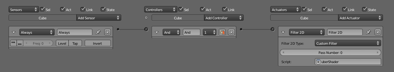 Logic brick setup to load a custom GLSL shader