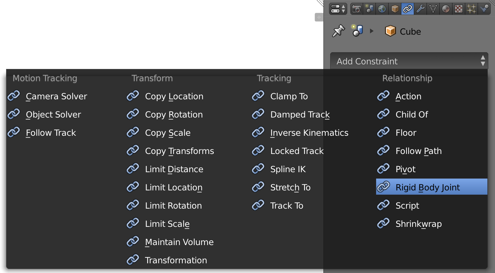 Adding a Rigid Body Joint in the Constraints Properties Editor